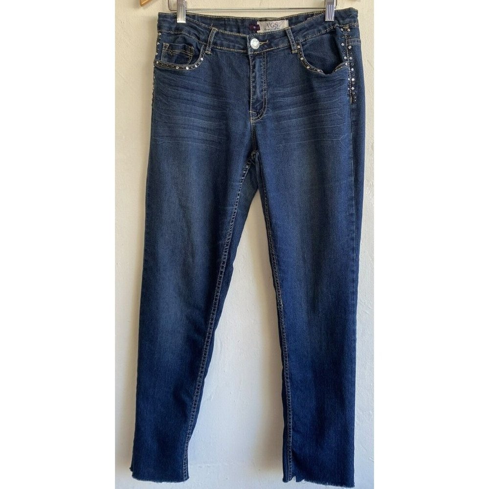 COPY - VGS Denim Boyfriend Skinny Blue Jeans Size 10 x 30" Ins. Bling Raw Hem S…